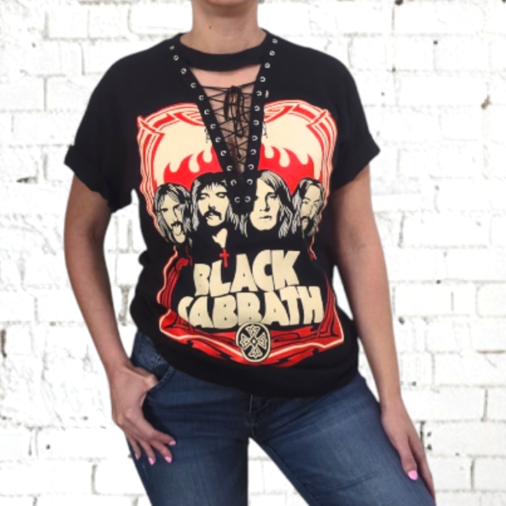 Black Sabbath Graphic Lace-Up Black Top ~ NWOT